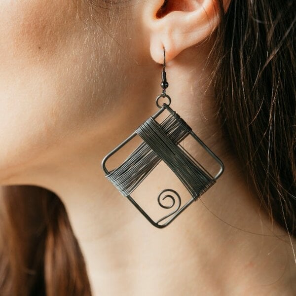 The Colourful Aura Black Square Wire Wrapped Statement Vintage Dainty Rectangle drop Corded Earring