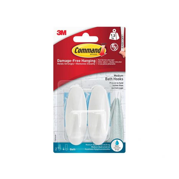 Command Medium Bathroom Hooks (pack 2) - Multi Colour - 