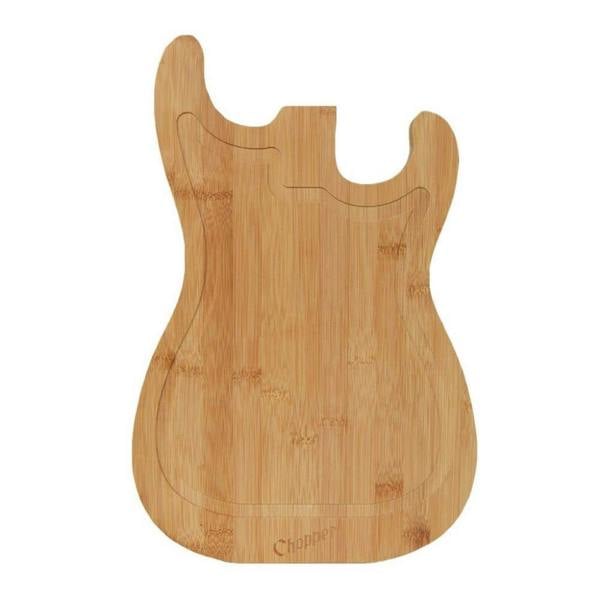 Isolated graphic cutout of the acoustic guitar-shaped bamboo cutting board with clean white borders.