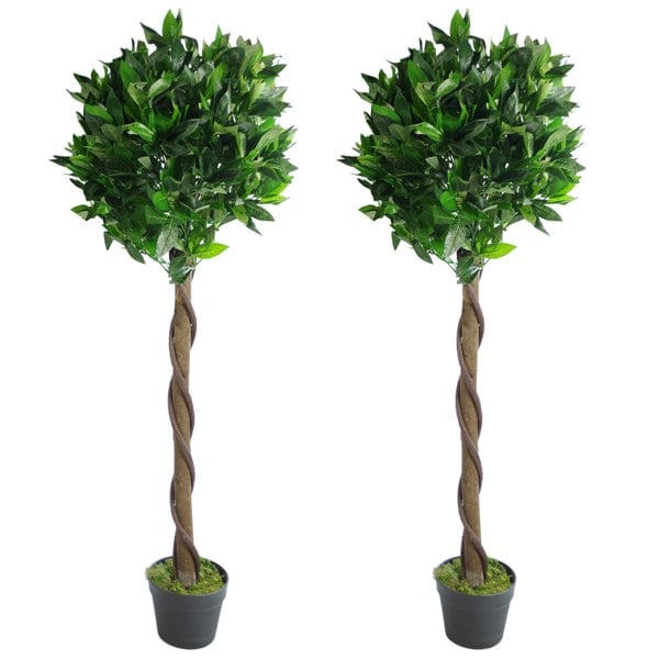 Leaf Pair of 120cm (4ft) Twisted Stem Artificial Topiary Bay Laurel Ball Trees