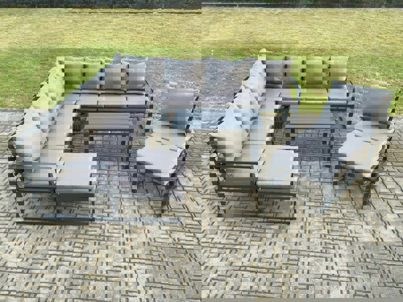 Fimous Aluminium 10 Seater Patio Outdoor Garden Furniture Lounge Corner Sofa Set with Oblong Coffee Table 2 Big Footstools Dark Grey