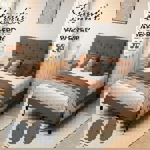 Levede Upholstered Bed Frame Linen Fabric with Tufted Headboard Double King