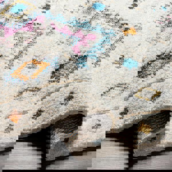 Livabliss Lofty-Shaggy Ivory Pink Blue Vintage Boho Plush Soft Pile Fringe Rug