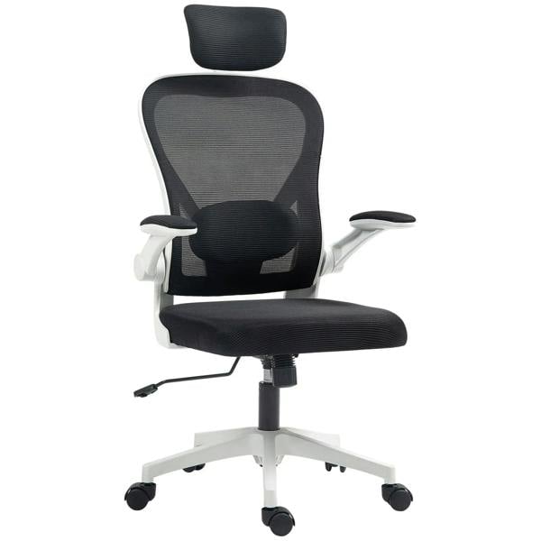 Black mesh high-back office chair with headrest, adjustable lumbar support, flip-up armrests