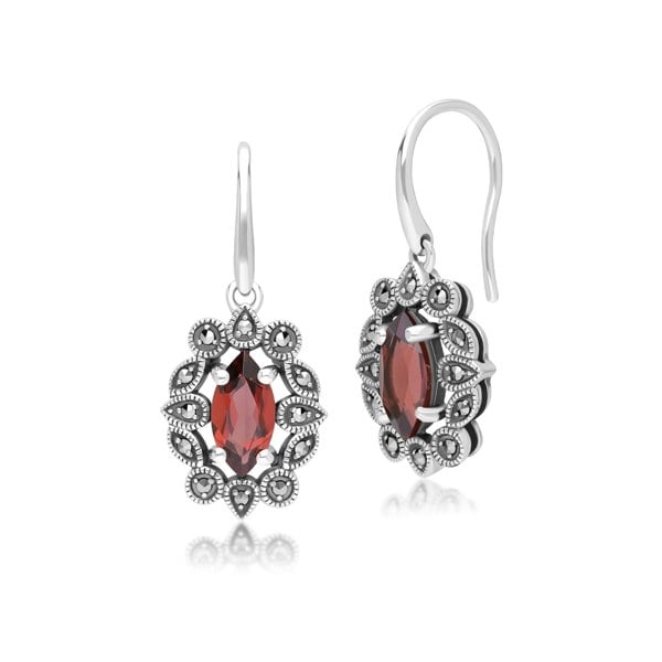 Gemondo Art Deco Style Marquise Garnet & Marcasite Drop Earrings in Sterling Silver