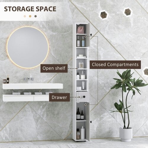 Wyld Haus Pabaha Tall Slim Bathroom Storage Cabinet With Drawers Shelves And Cupboards Light Grey
