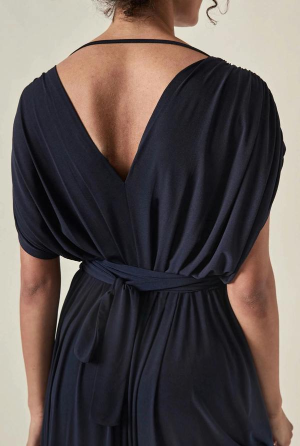 Close-up detail of the draped back and fabric on the James Lakeland Navy Midi Dress