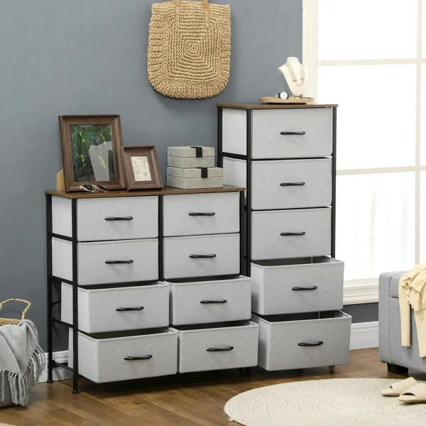 Grey fabric drawer chest with black frame and wooden top, featuring 5 curved pull handles