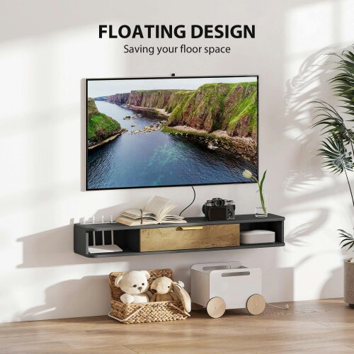 Wyld Haus Nova 120cm Wooden Charcoal Grey and Natural Floating TV Stand With Storage