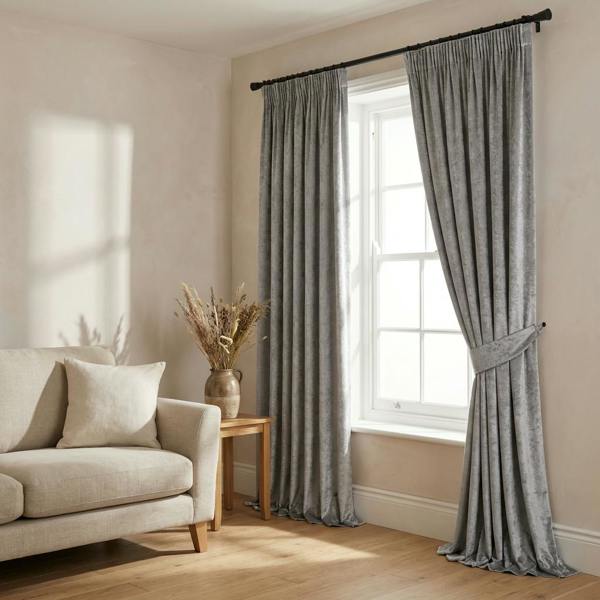Lustre made-to-measure curtains in Silver, styled in a living room