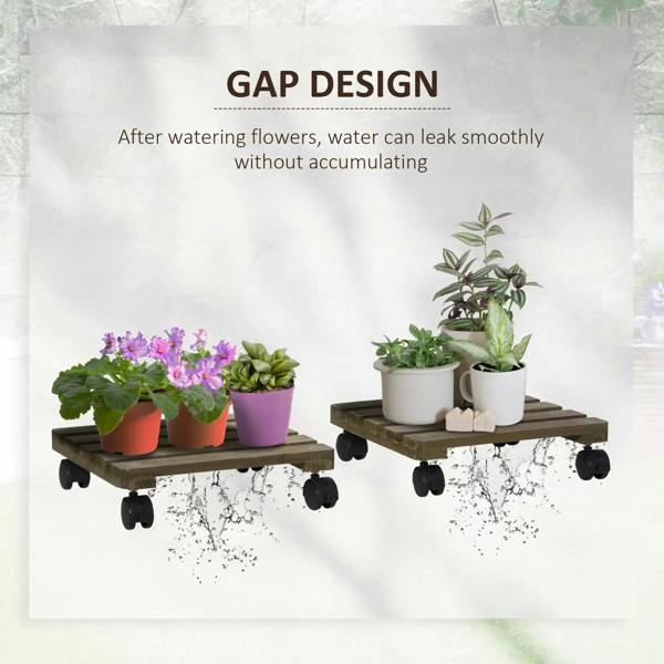 Pair of dark brown wooden plant caddies on wheels with potted plants