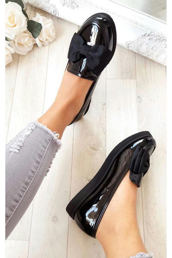 Lucinda Bow Patent Flat Pump Shoe - Black