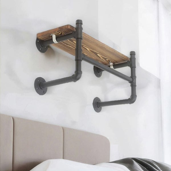 Rafaelo Mobilia Industrial Pipe Wall-Mounted Floating Shelf With Hanging Rail Brown