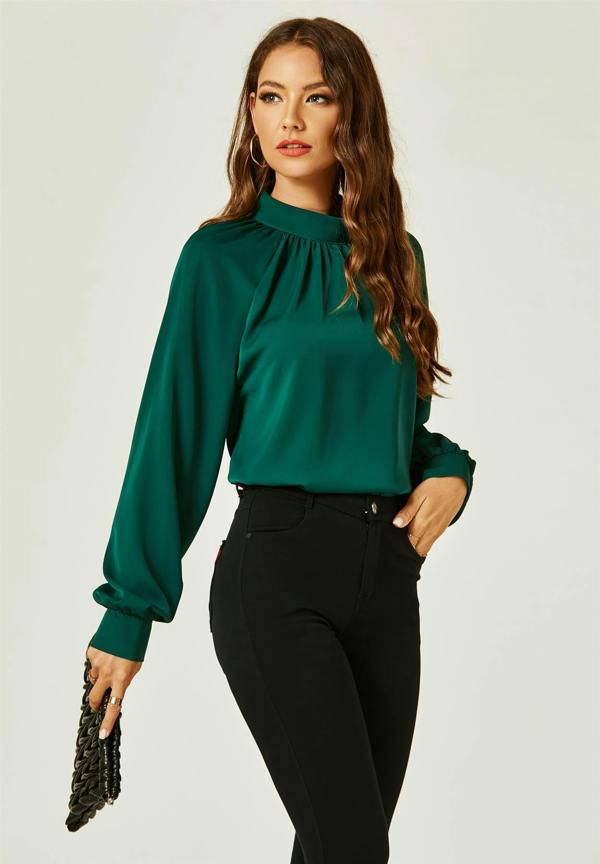 FS Collection Halter Neck Long Sleeve Blouse Top In Green