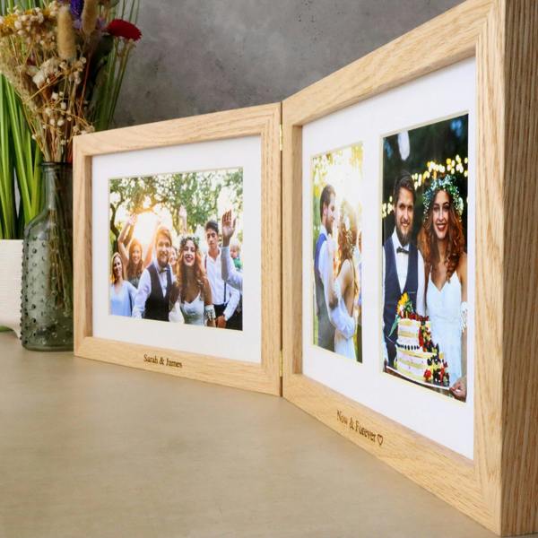 MijMoj Design Personalised Solid Oak Three Aperture Hinged Picture Frame - Natural Finish