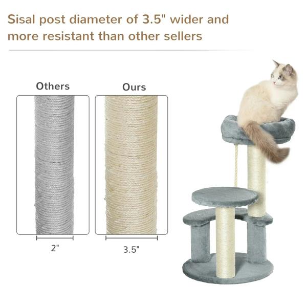 Grey cat tower with sisal-wrapped scratching posts and plush platforms
