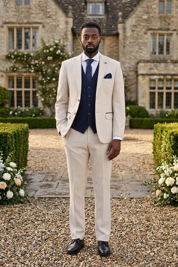Paul Andrew Regent Cream Check Suit with Regent Navy Waistcoat