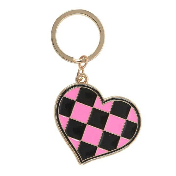 Gold keychain ring with checkerboard heart enamel charm in pink and black