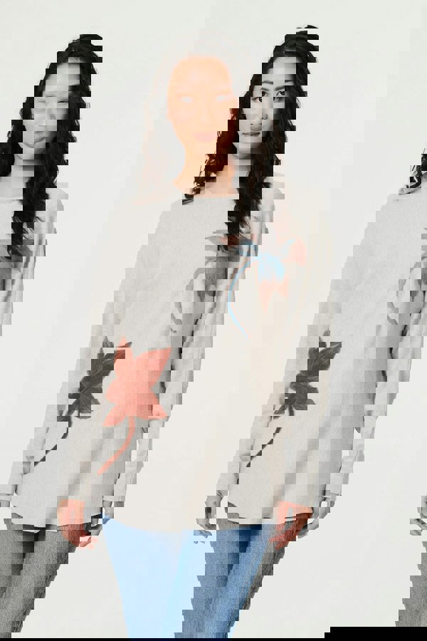 Grey | Leaf Print Batwing Sleeve Relaxed Top
