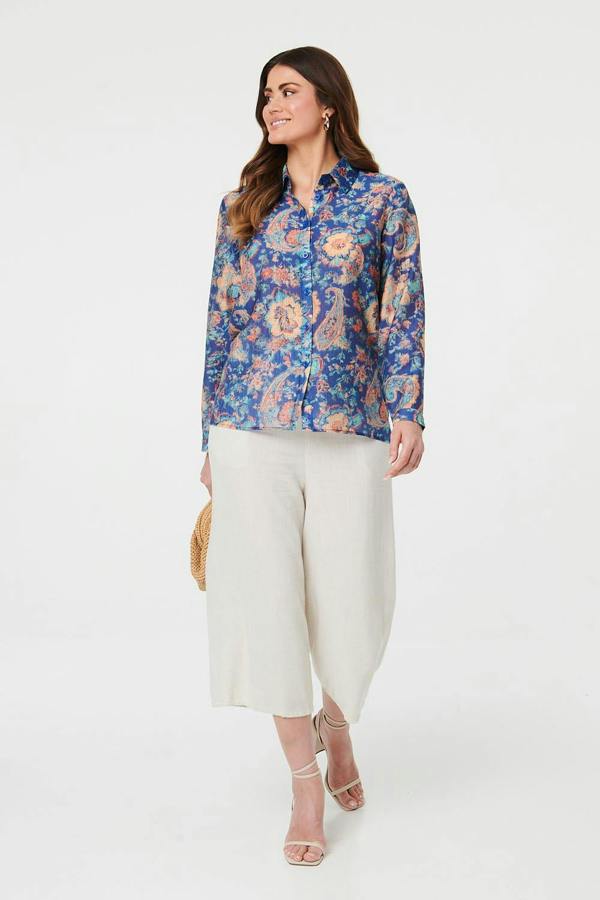 Navy | Paisley Long Sleeve Button Front Shirt