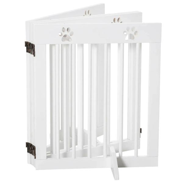 White freestanding pet gate with vertical bars, paw-print top panels, and folding hinges