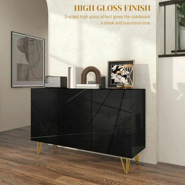 Black high-gloss sideboard with diamond-pattern doors and gold hairpin legs