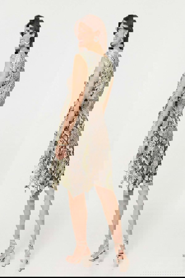 Green | Snake Print Boat Neck Hanky Hem Short Dress
