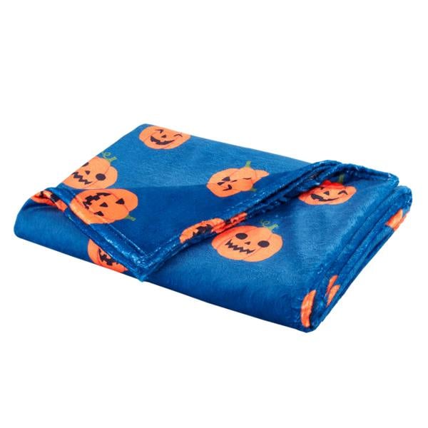 Catherine Lansfield Halloween Pumpkins Cosy Fleece Blanket Throw Navy Blue