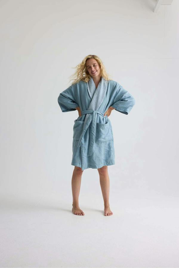 Pretty You London Short Terry Lined Linen Robe In Blue Haze