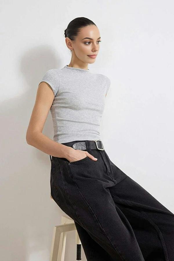 WOVCOR Striped Fitted High Neck Short Sleeve Soft Knit Blouse