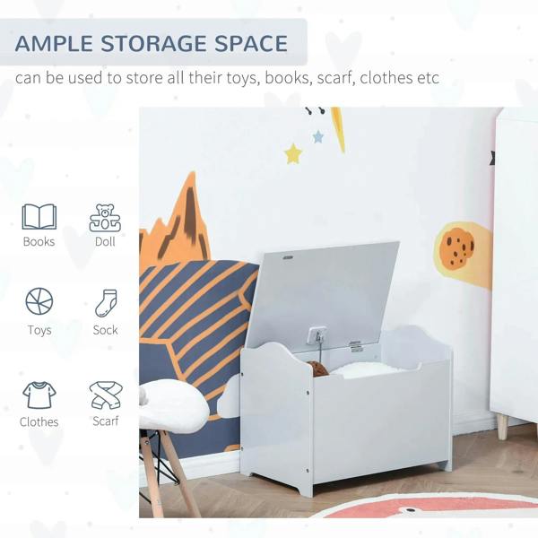 Grey wooden toy storage chest with open lid; icons suggest space for books and toys.