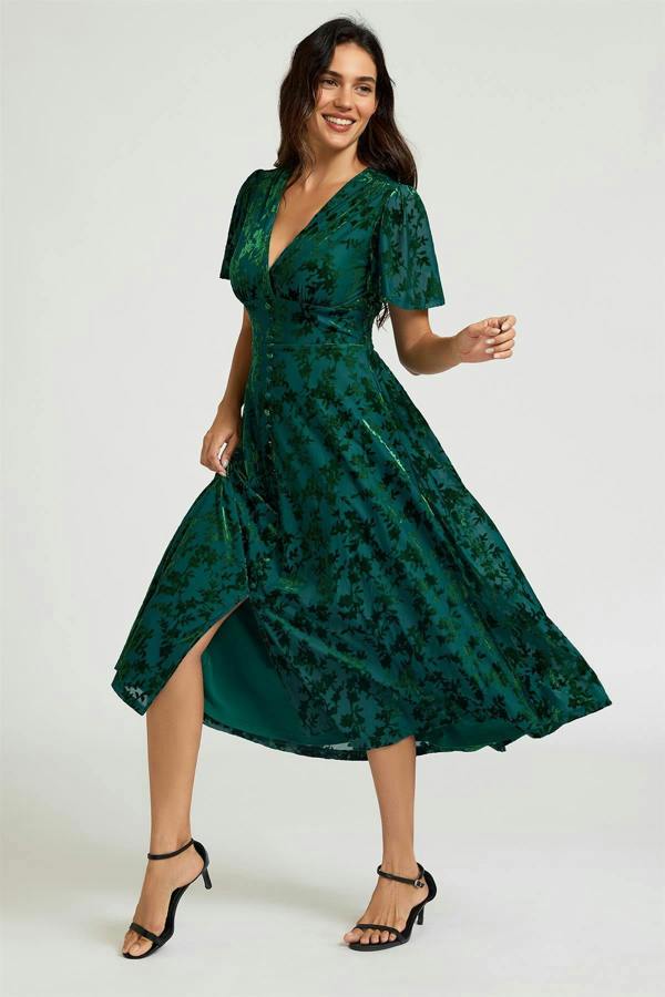 FS Collection Floral Velvet Devore V neckline Dress In Green
