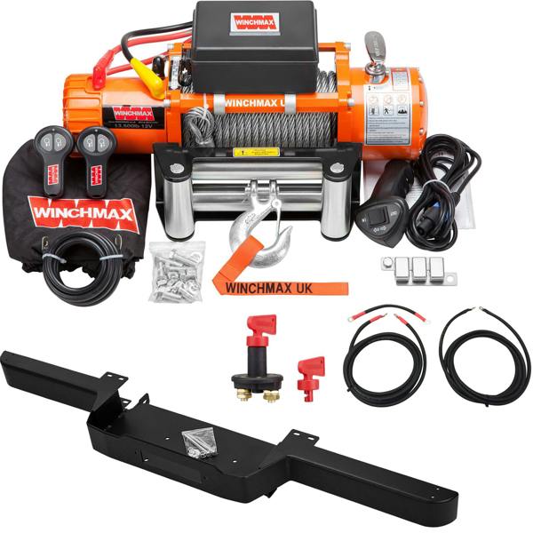Winchmax 13,500lb (6,123kg) 12V Winch Bumper Compatible with Defender 26m x 95mm Steel Rope, Wiring Kit & Isolator