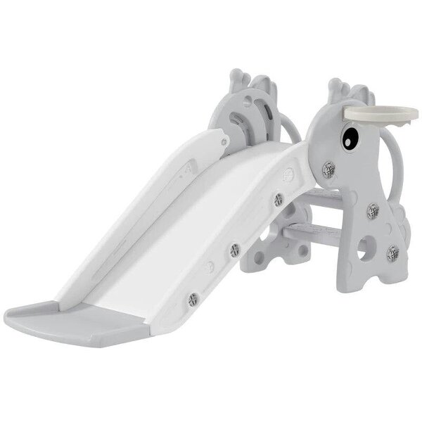 3 in 1 Kids Slide with Climber, Basketball Hoop and Ball, Giraffe Shape Climber Slide for Indoor Kids Age 1-3, Grey