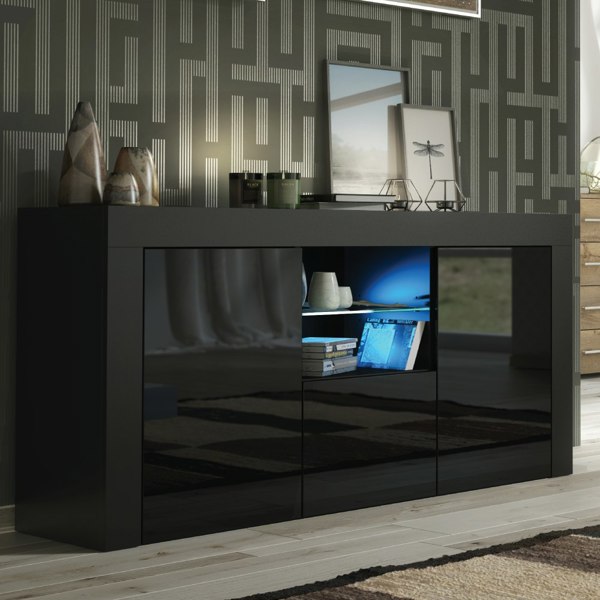 Mex Furniture Modern 145cm TV Unit, Cabinet Stand & Sideboard with Black Gloss Doors & Free LED