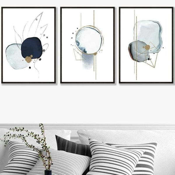 Abstract Winter Mood Navy Gold Art Prints Set of 3