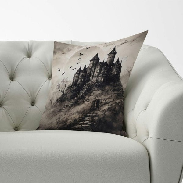 Warren Reed A Realistic Ink Drawing Of A Haunted Castle Cushions