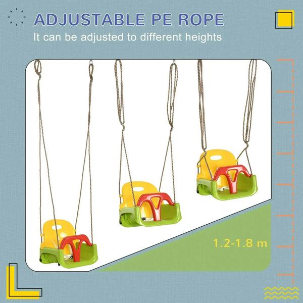 Kids swing seat with twin adjustable ropes; green base, yellow seat, red bar