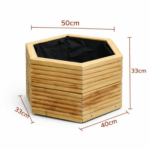Hexagonal decking planter dimensions 50cm corner to corner, 40cm flat to flat, 33cm high