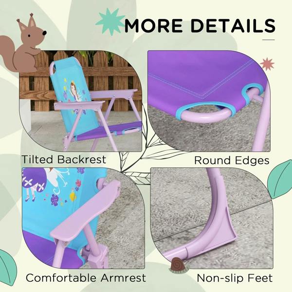 Kids fairy-themed chair features: tilted backrest, armrests, and non-slip feet