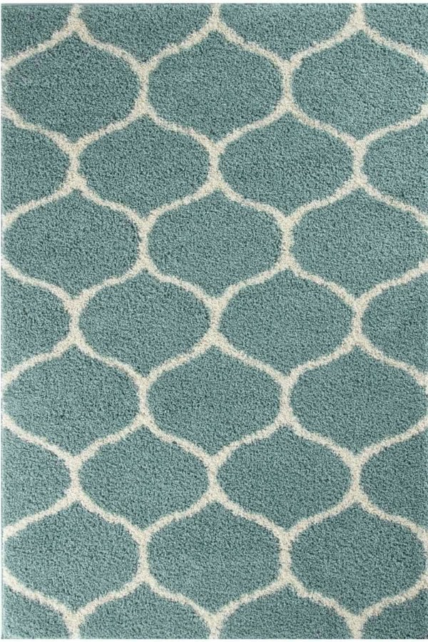 Trellis Design Thick Shaggy Area Rugs Duck Egg Blue