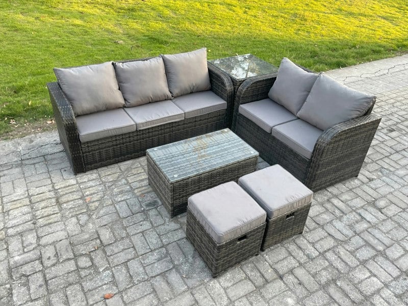 Fimous 7-Seater Rattan Wicker Garden Sofa Set - Dark Grey Mixed Patio Conservatory Furniture with Rectangular Coffee Table & 2 Small Footstools