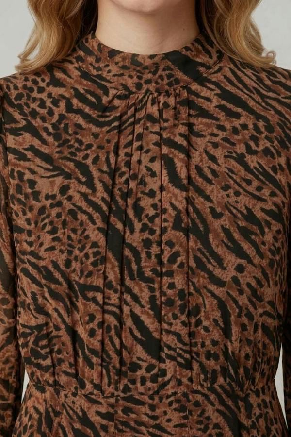 Brown | Animal Print High Neck Midi A-Line Dress