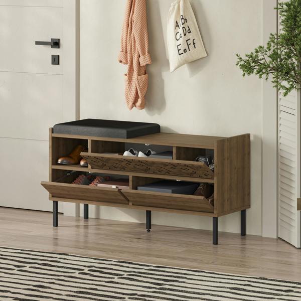 Decortie Heaton Shoe Bench w/ Fabric Cushion Seat 3-door Storage Cabinet 111(W)x37(D)x56.5(H)cm Metal Legs Hallway
