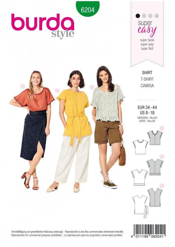 Burda Sewing Pattern 6204 Tops and Tunics For Women, Sizes 8-18 - Easy
