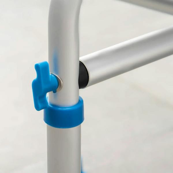 Blue adjustment clamp on aluminum stool leg joint for height settings