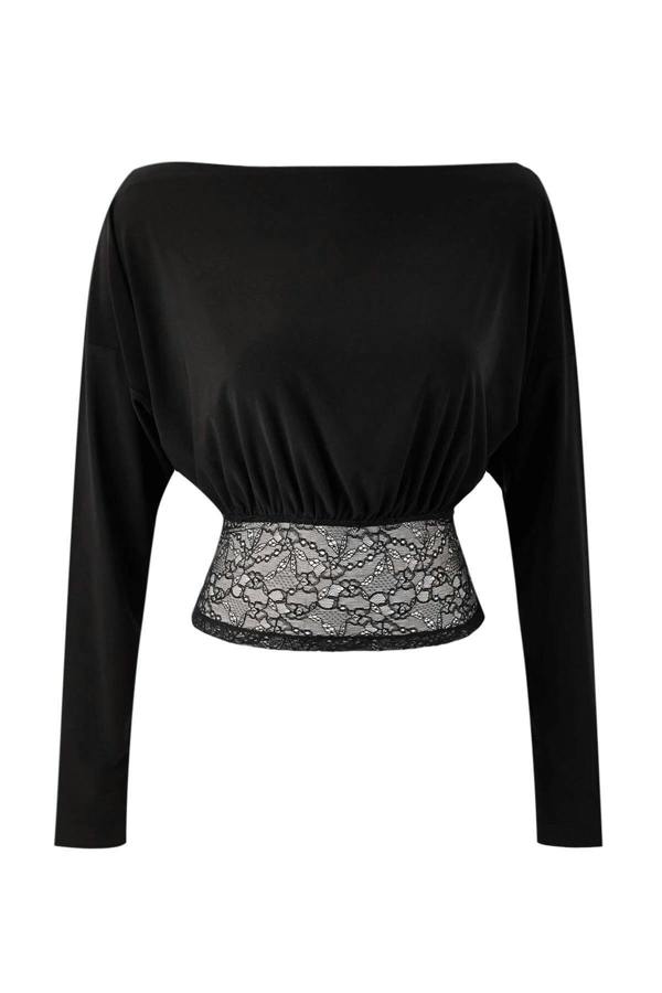 WOVCOR Asymmetrical Neckline Lace Trimmed Party Blouse