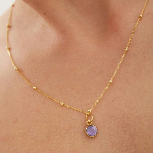 Spero London Amethyst Round Pendant Necklace With Beaded Chain in Sterling Silver