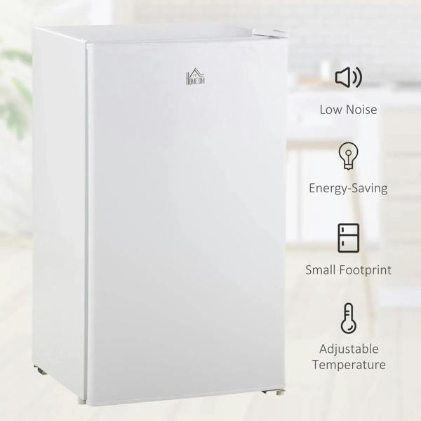 White under-counter mini fridge exterior front view with energy and temperature icons.