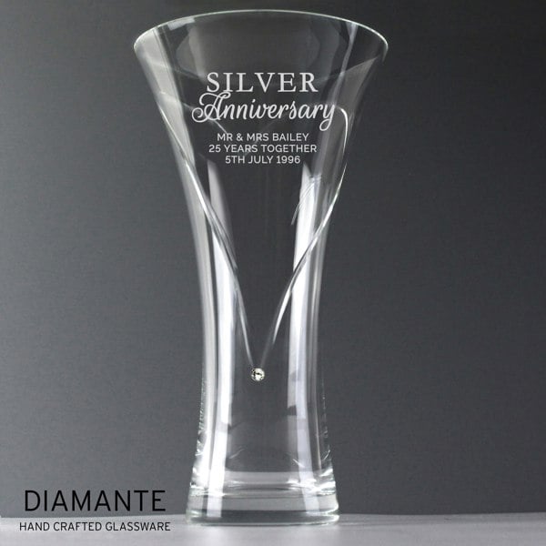 Personalised Memento Company Personalised Silver Anniversary Large Hand Cut Diamante Heart Vase